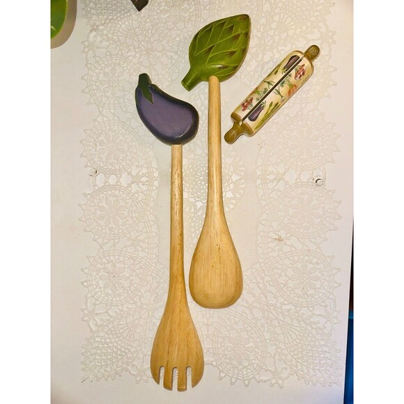 Vegetable kitchen eggplant spoon and fork salad set w/ recipe card holder - Picture 6 of 6